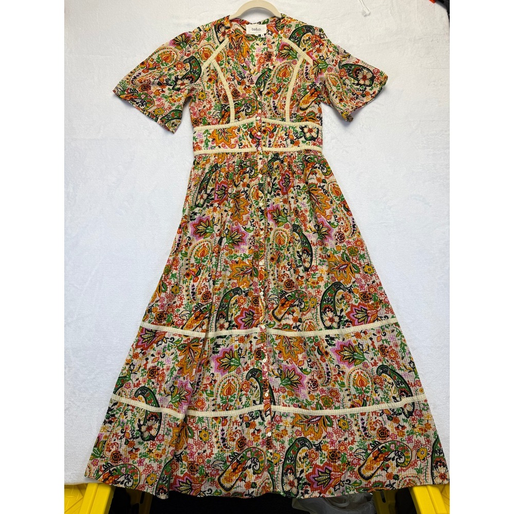 ba&sh Paisley Floral Maxi Dress Multicolor V-Neck Button Front Tiered Size M